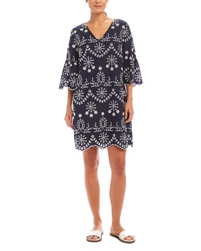 Karen Kane Flare Sleeve Embroidered Dress In Navy W/off Whit