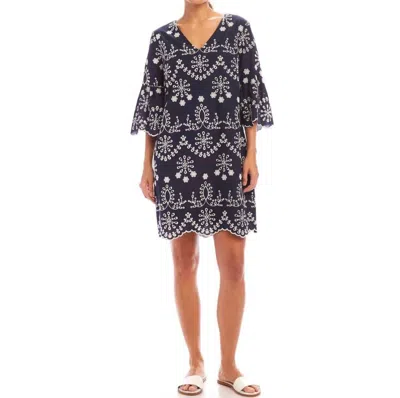 Karen Kane Flare Sleeve Embroidered Mini Dress In Navy With Off White In Black