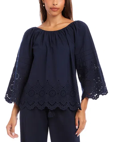 Karen Kane Flare Sleeve Embroidered Scallop Edge Peasant Top In Blue