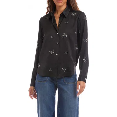 Karen Kane Floral Embellished Satin Button-up Shirt In Black