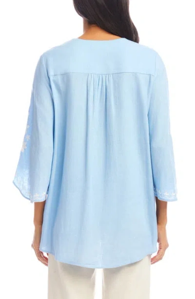 Karen Kane Floral Embroidered Asymmetric Hem Linen Blend Top In Blue