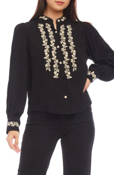 Karen Kane Floral Embroidered Button-up Shirt In Black/tan