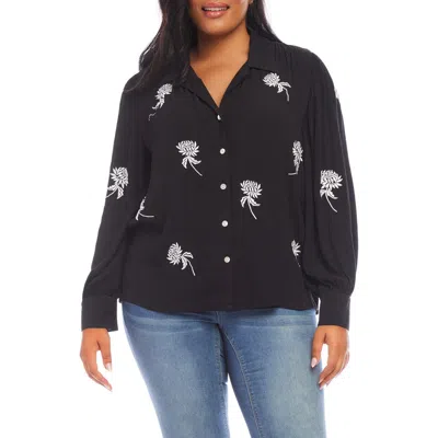 Karen Kane Floral Embroidered Button-up Top In Black