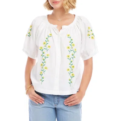 Karen Kane Floral Embroidered Cotton Peasant Top In White