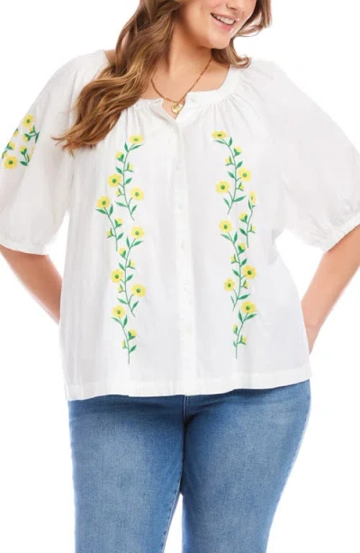 Karen Kane Plus Size Puff Sleeve Embroidered Peasant Top In White