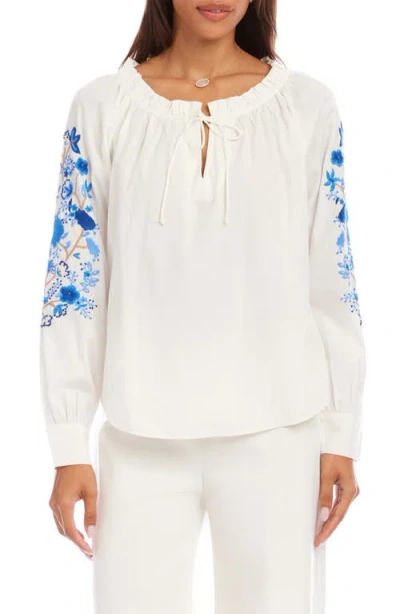 Karen Kane Embroidered Blouson Sleeve Tie-neck Peasant Top In Off White