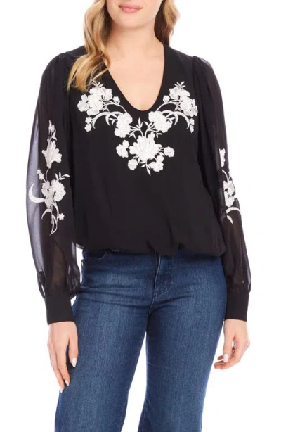 Karen Kane Floral Embroidered Georgette Top In Black