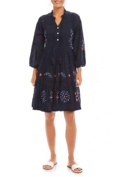 Karen Kane Floral Embroidered Pintuck Pleat Long Sleeve Dress In Navy
