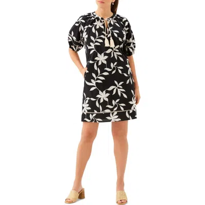 Karen Kane Floral Embroidered Puff Sleeve Cotton Shift Dress In Black