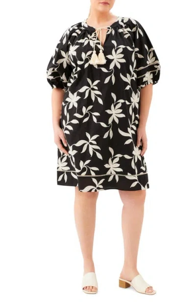 Karen Kane Floral Embroidered Puff Sleeve Cotton Shift Dress In Black