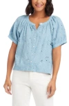 Karen Kane Floral Embroidered Short Sleeve Peasant Blouse In Sea