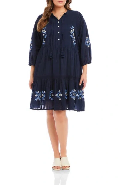 Karen Kane Blouson Sleeve Embroidered Lace Trim Tiered Dress In Blue