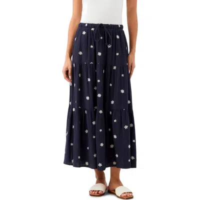 Karen Kane Floral Embroidered Tiered Cotton Midi Skirt In Blue