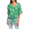 Karen Kane Floral Flutter Sleeve Tie Front Top In Green