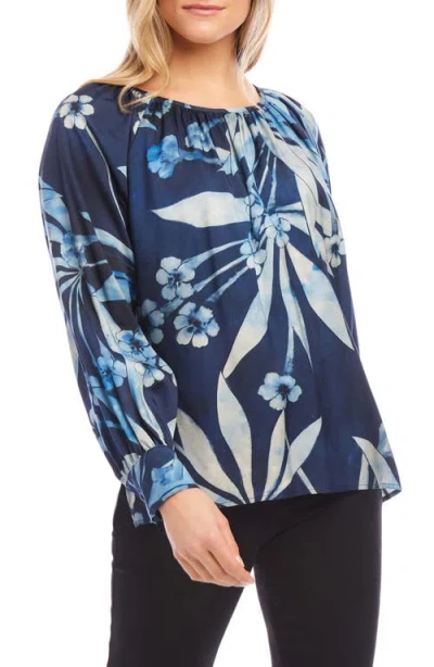 Karen Kane Floral Peasant Top In Blue Print