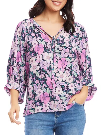 Karen Kane Floral Print Blouson Sleeve Top Gray Size Xs In Purple