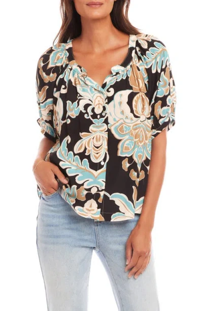 Karen Kane Floral Print Button-up Peasant Top