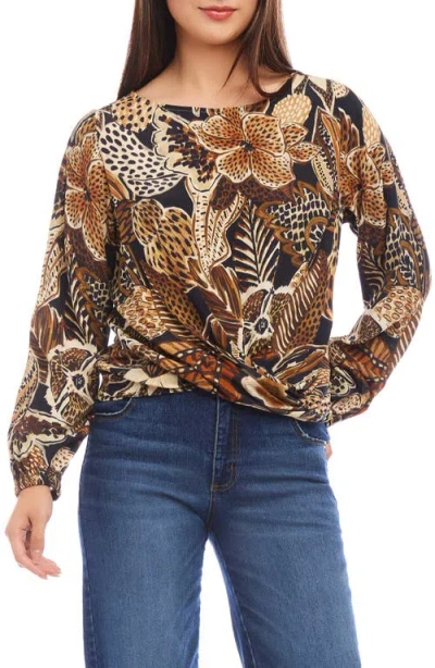 Karen Kane Floral Print Drape Front Top In Brown Print