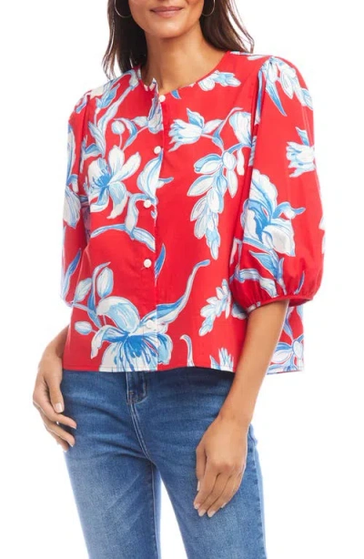 Karen Kane Floral Print Puff Sleeve Cotton Button-up Shirt
