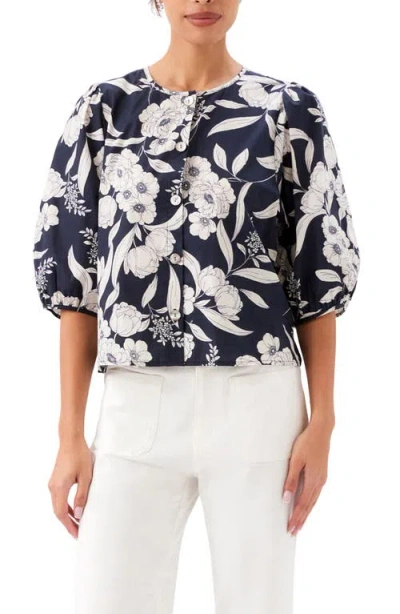 Karen Kane Floral Print Puff Sleeve Cotton Button-up Shirt In Blue