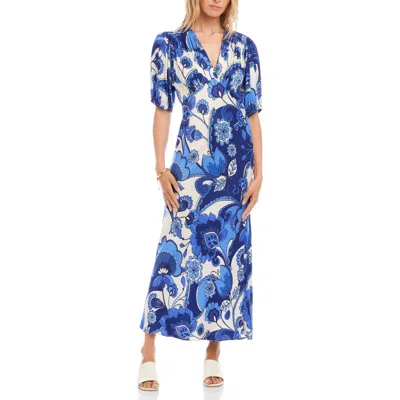 Karen Kane Floral Puff Sleeve Bias Maxi Dress In Blue