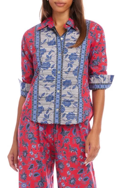 Karen Kane Floral Ruched Sleeve Cotton Button-up Shirt In Multi