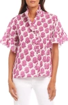 Karen Kane Floral Ruffle Accent Cotton Button-up Shirt In Pink Print