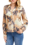 Karen Kane Floral Satin Button-up Shirt In Brown