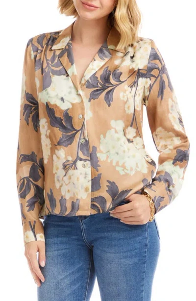 Karen Kane Floral Satin Button-up Shirt In Brown