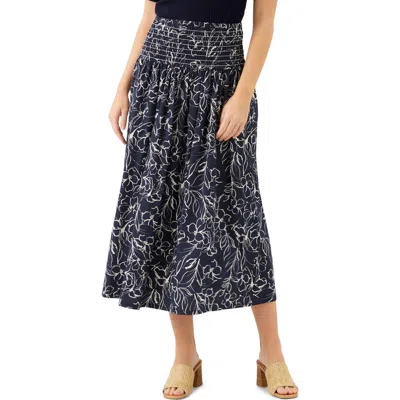Karen Kane Floral Smocked Waist Cotton Midi Skirt In Blue