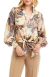 Karen Kane Floral Tie Front Satin Top In Multi
