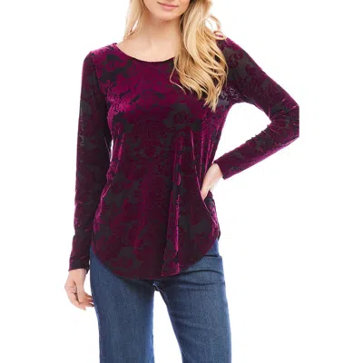 Karen Kane Floral Velvet Burnout Shirttail Top In Burgundy