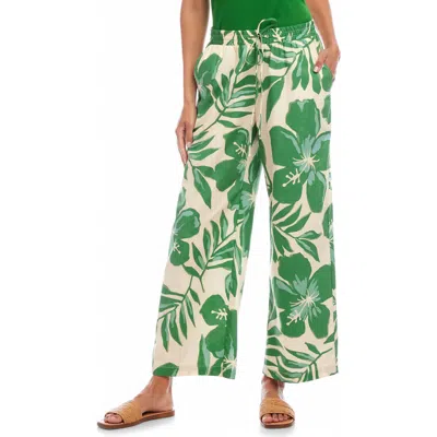 Karen Kane Floral Wide Leg Cotton Drawstring Pants In Green