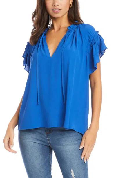Karen Kane Flutter Sleeve Ruffle Top In Royal In Blue