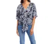 Karen Kane Flutter Sleeve Tie Front Top In Paisley In Blue