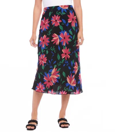 Karen Kane Francesca Floral Print Bias Cut Midi Skirt In Black, Blue, Green, Pinks In Multi