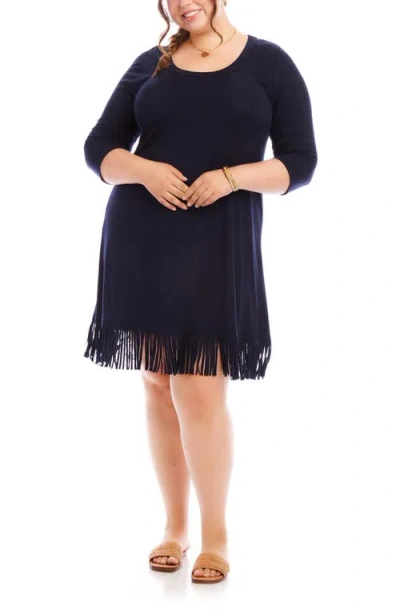 Karen Kane Fringe Trim Scoop Neck Dress In Navy