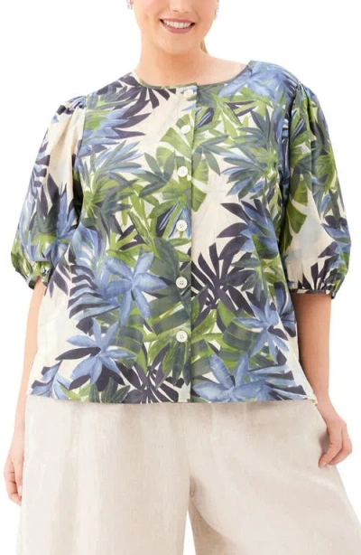 Karen Kane Frond Print Puff Sleeve Button-up Shirt In Animal Print