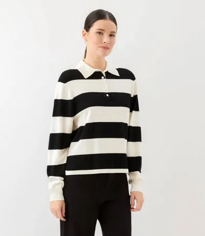 Karen Kane Game Day Collared Stripe Sweater In Off White With Black In Multi