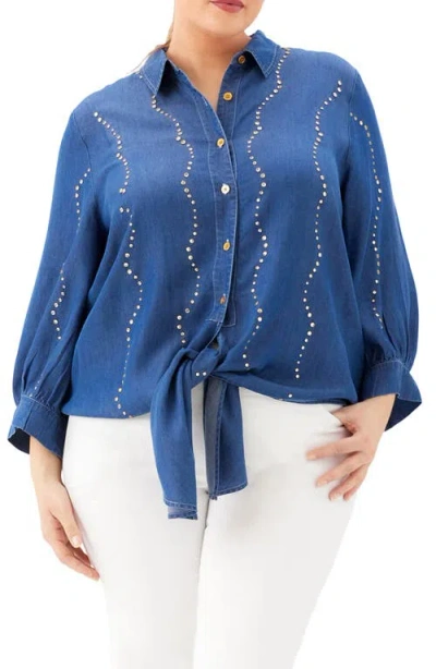 Karen Kane Blouson Sleeve Gemstone Denim Shirt In Blue