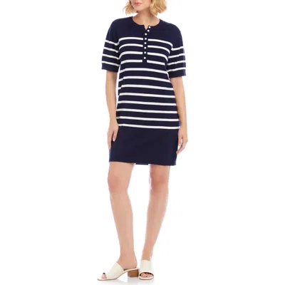 Karen Kane Short Sleeve Henley Sweater Dress In Navy With Off White In Multi