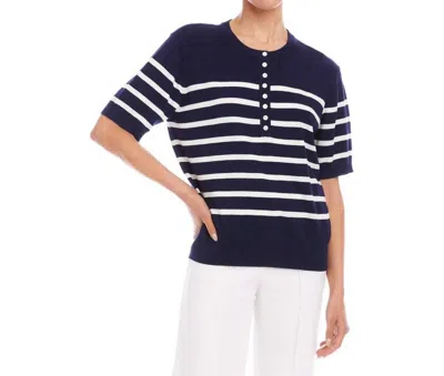 Karen Kane Henley Stripe Sweater In Navy With Off White In Multi