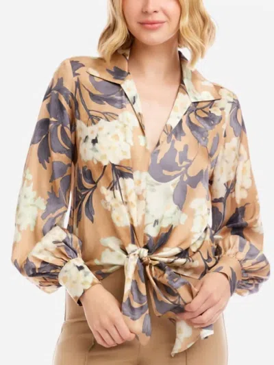 Karen Kane Hydrangea Print Long Blouson Sleeve Tie-front Top In Multi