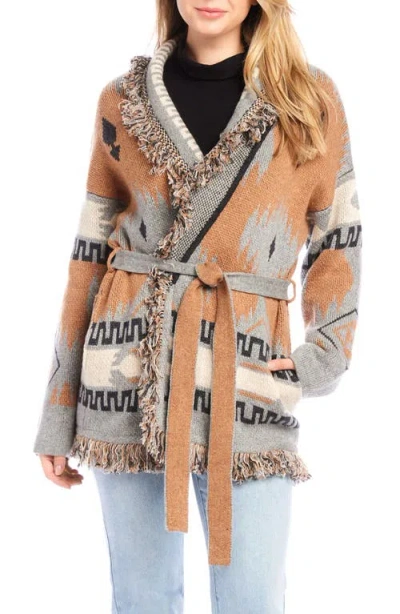 Karen Kane Jacquard Belted Cardigan In Multi Color