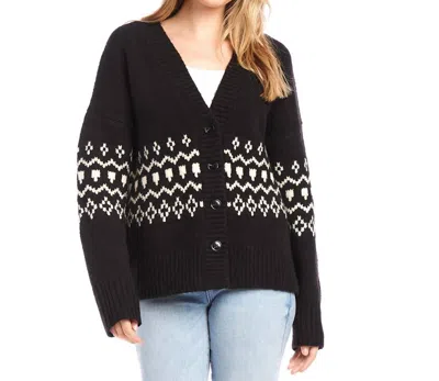 Karen Kane Jacquard Sweater Cardigan In Black With Cream In Multi