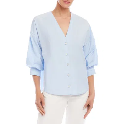 Karen Kane Lantern Sleeve Cotton Button-up Shirt In Blue
