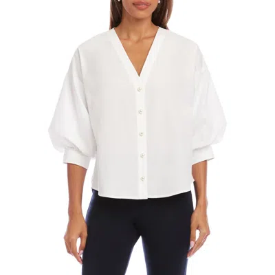 Karen Kane Lantern Sleeve Cotton Button-up Shirt In White