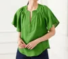 Karen Kane Linen Flutter Sleeve Top In Green In Green