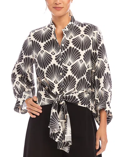 KAREN KANE LINEN PRINTED BLOUSON SLEEVE TIE FRONT TOP