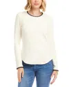 Karen Kane Long Sleeve Edge Stitch Crewneck Top In White